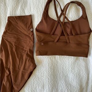 lululemon ribbed brown set, energy bra and align leggings
